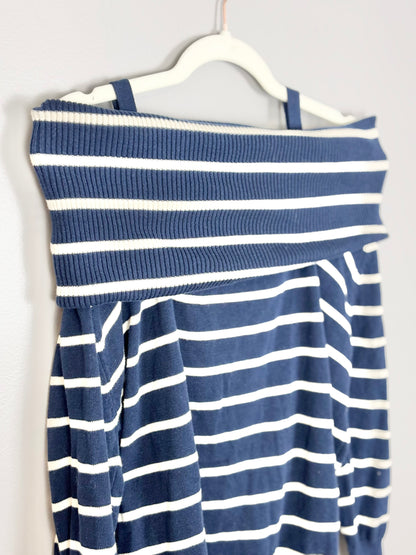 S - Unknown Brand Blue Stripe Off-Shoulder Sweater