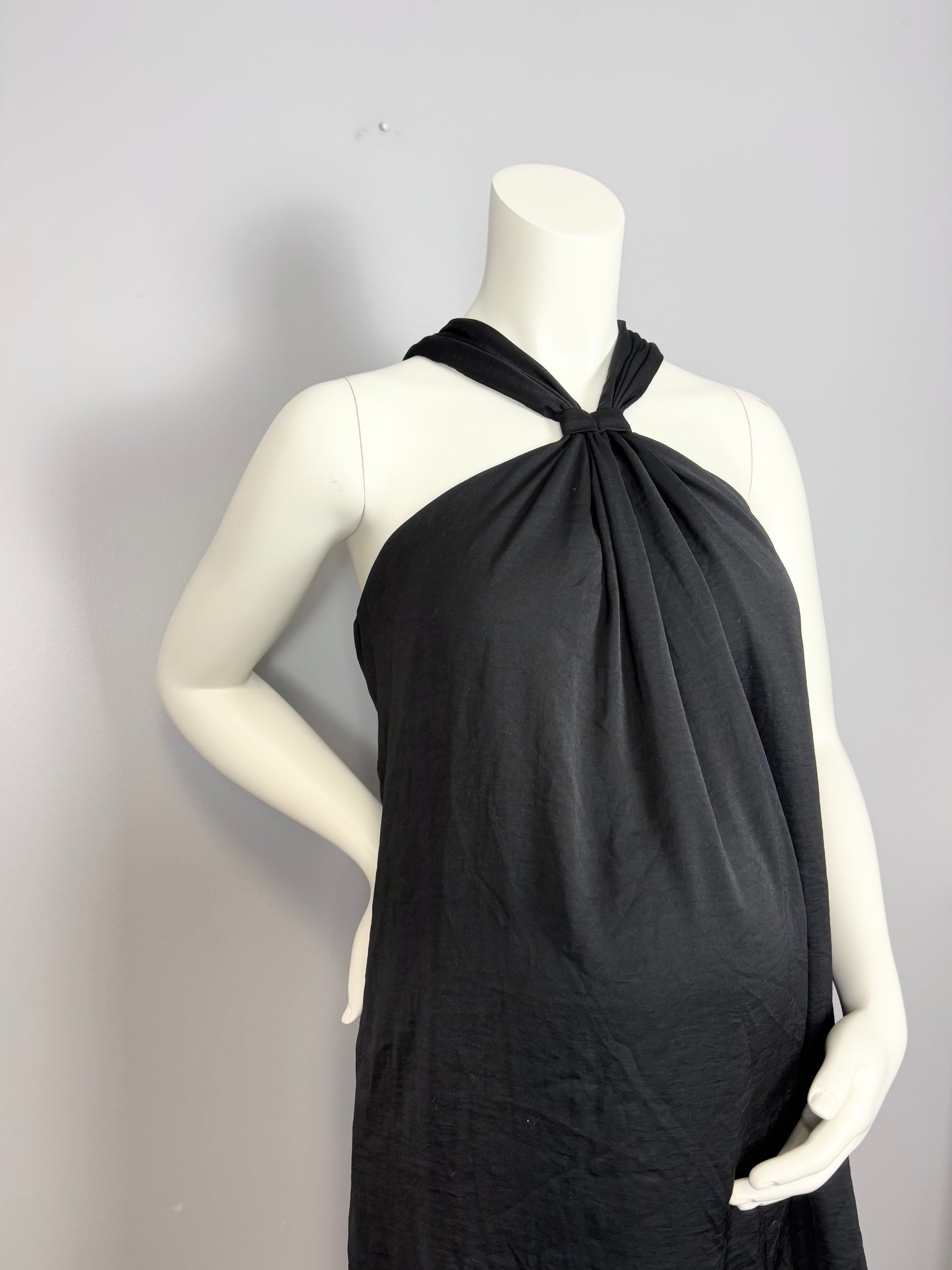 XL - Thyme Black Satin Halter Dress