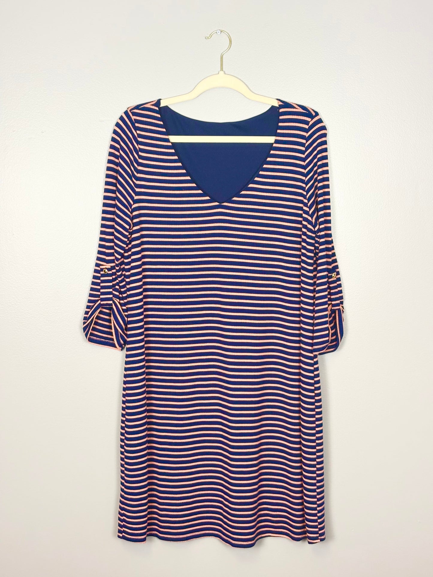 L - Pink Blush Coral/Navy Stripe Swing Dress