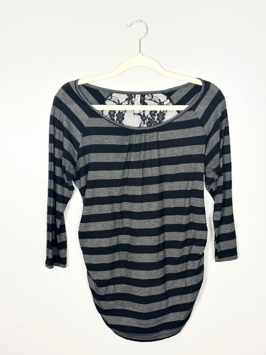 XL - Mom’s The Word Grey/Black Stripe Top w/Lace