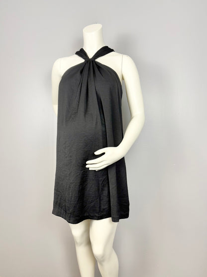 XL - Thyme Black Satin Halter Dress