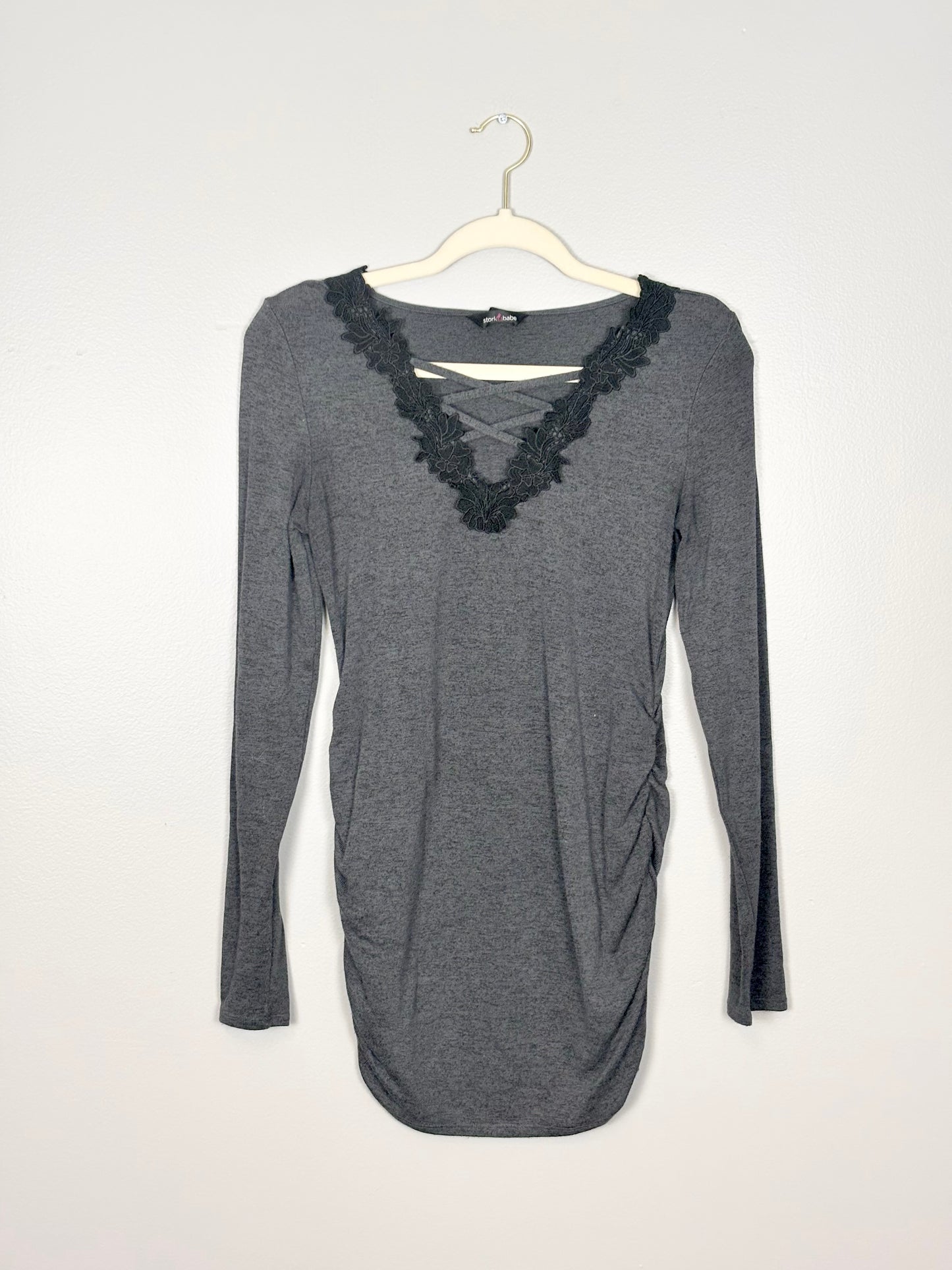 S - Stork & Babe Black Lace Long-Sleeve Maternity Top