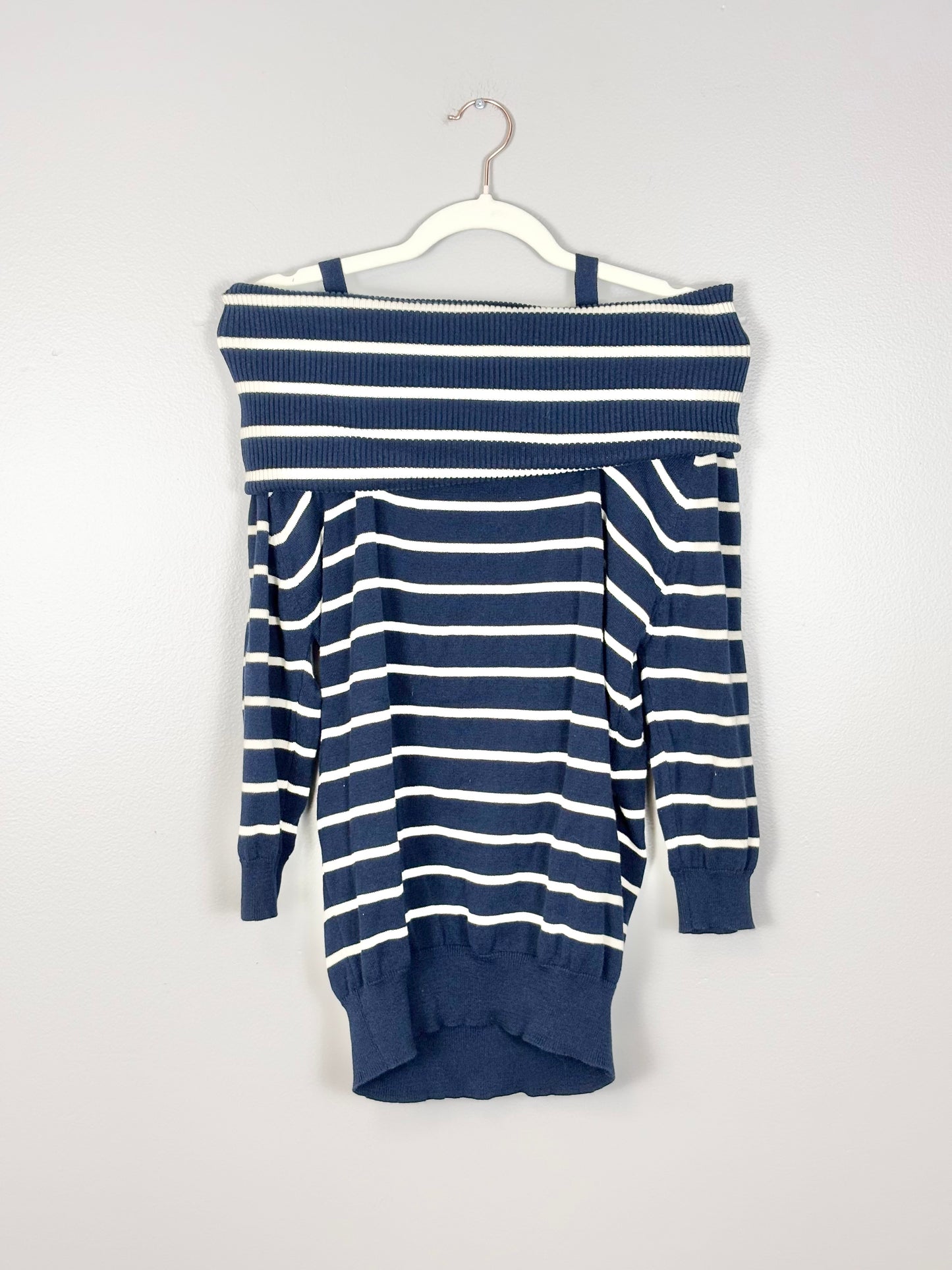 S - Unknown Brand Blue Stripe Off-Shoulder Sweater